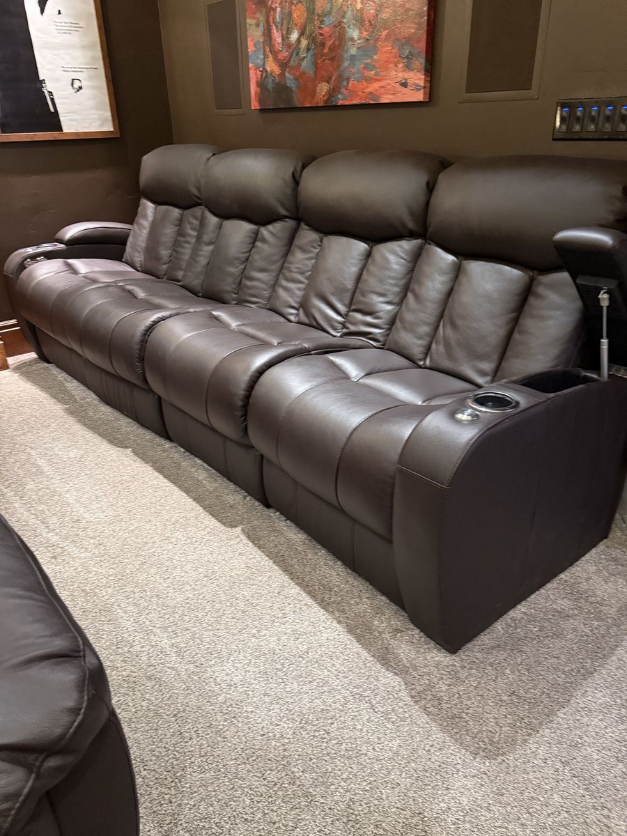Luxury Brown Leather Home Theater Recliners with Cupholders & Swivel Trays - 3-Seat Configuration