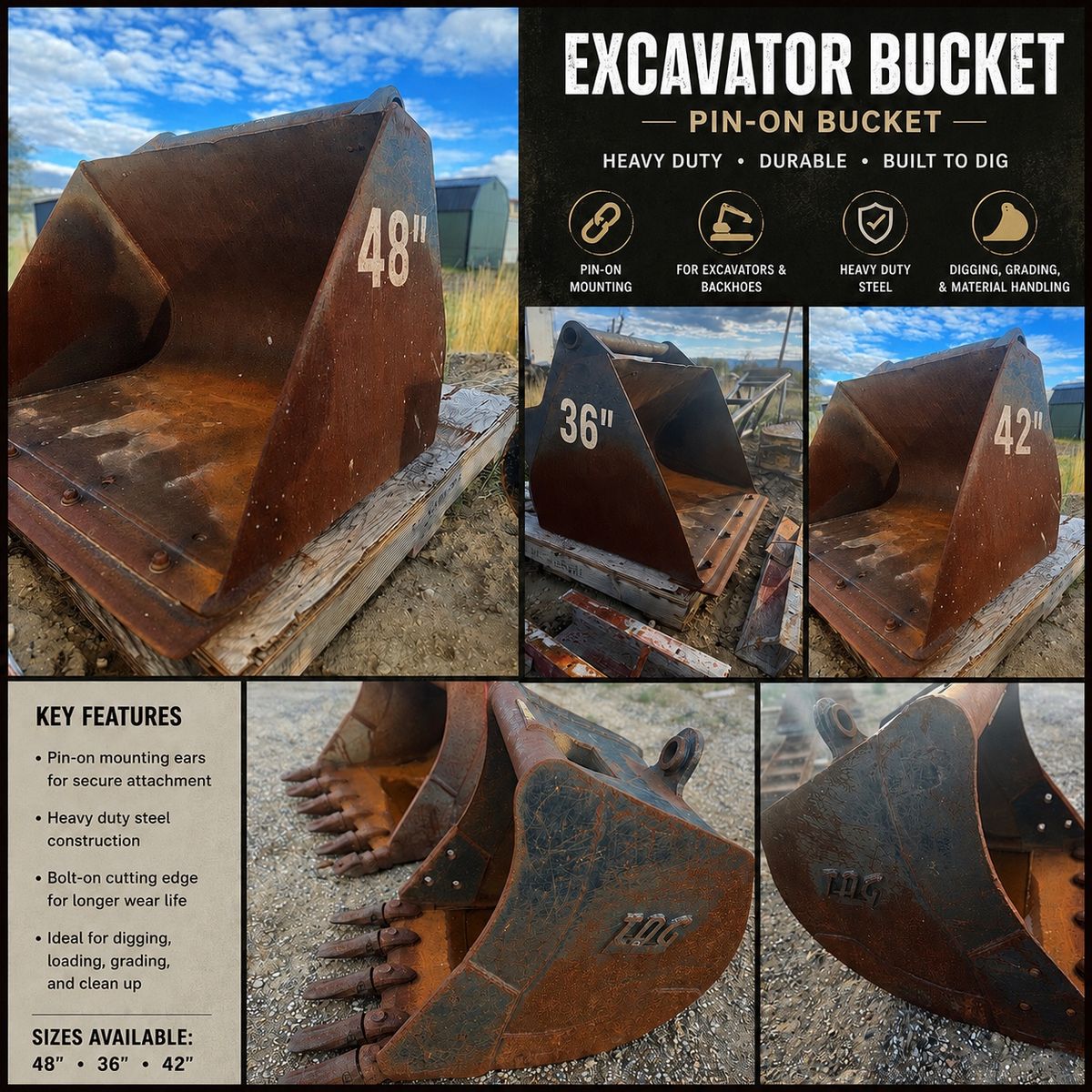 Heavy Duty Excavator Pin-On Bucket - Available in 36", 42", and 48" for Excavators & Backhoes