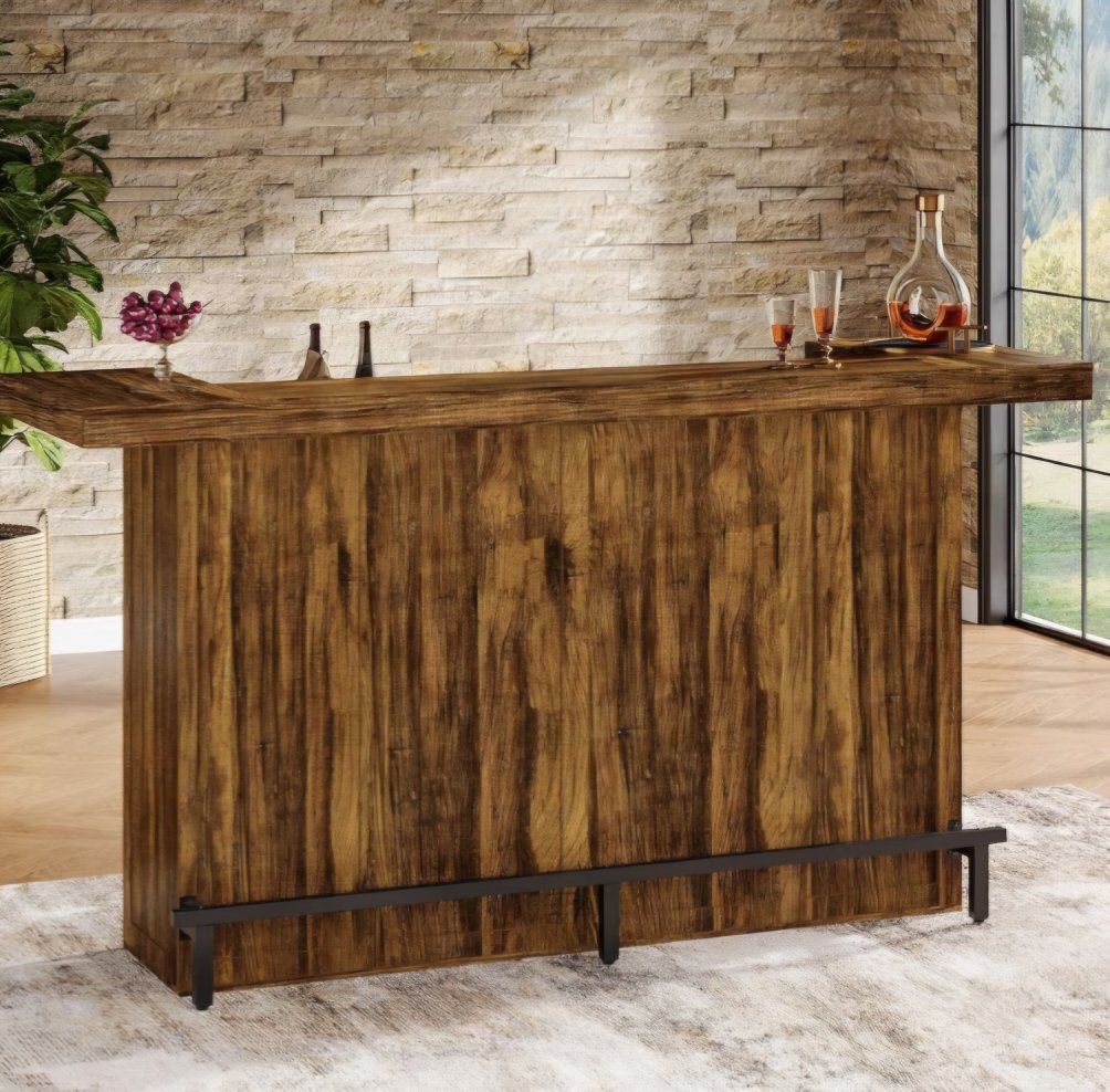 Tribesigns 4-Tier Bar Table, 70.9-Inch Large Wood Home Bar Unit with Wine Glass Holder and Black Footrest, Pub Table with Storag