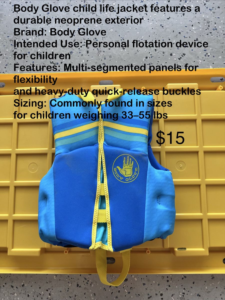 Body Glove Child Life Jacket PFD 33-55 lbs - Multi-Segmented, Quick-Release Buckles
