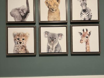 Set of 6 Safari Animal Framed Canvas Prints for Nursery Wall- 13x13