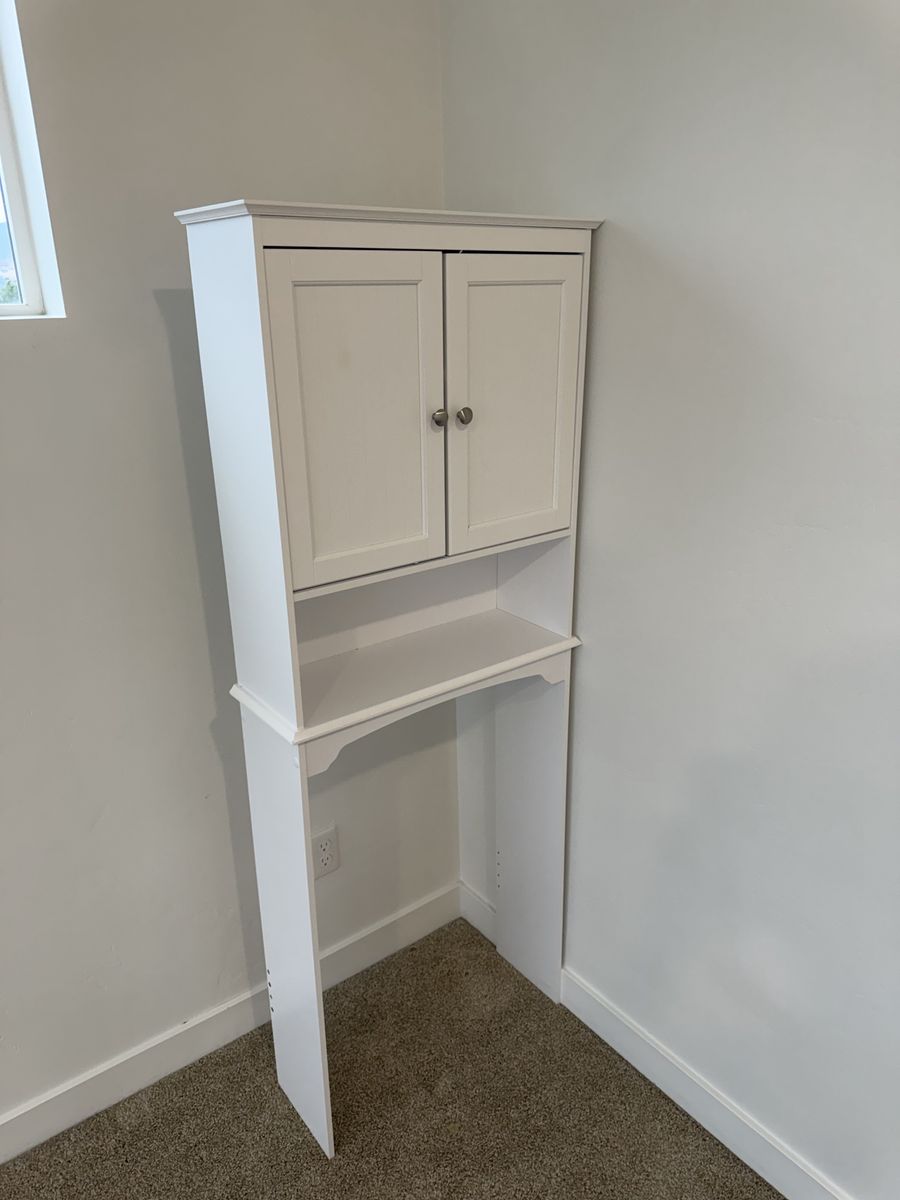 White Over-the-Toilet Storage Cabinet with Double Doors and Open Shelf