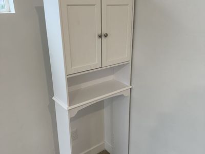 White Over-the-Toilet Storage Cabinet with Double Doors and Open Shelf