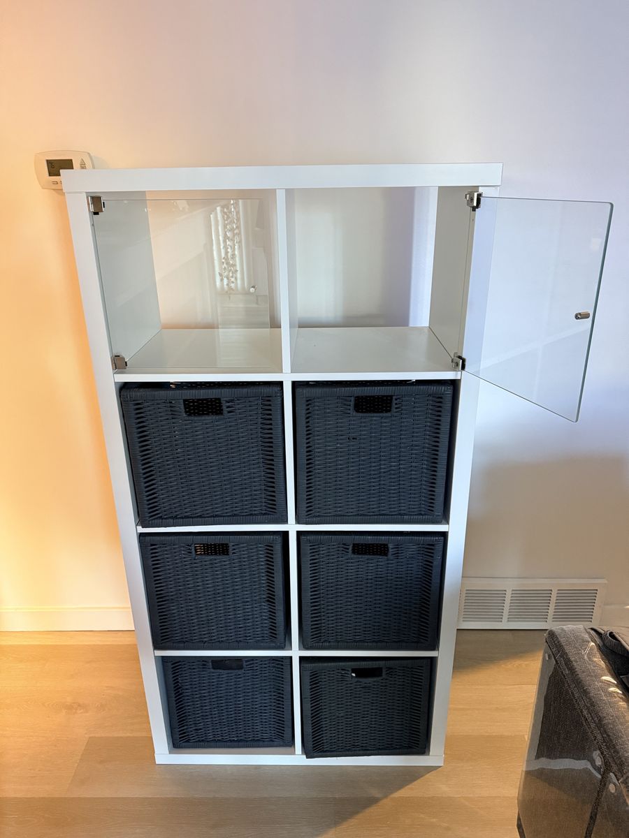 IKEA White Cube Storage Shelf Unit with Glass Doors and Black Woven Baskets