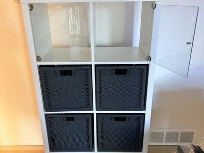 IKEA White Cube Storage Shelf Unit with Glass Doors and Black Woven Baskets