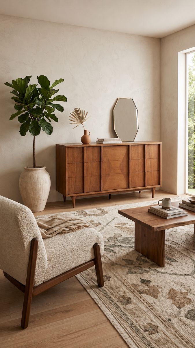 Vintage Mid Century 6-Drawer Walnut Dresser Credenza w/Hourglass Parquet Facade, Hand Carved Wooden Pulls & Tapered Legs
