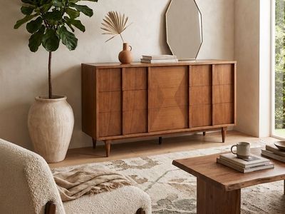Vintage Mid Century 6-Drawer Walnut Dresser Credenza w/Hourglass Parquet Facade, Hand Carved Wooden Pulls & Tapered Legs