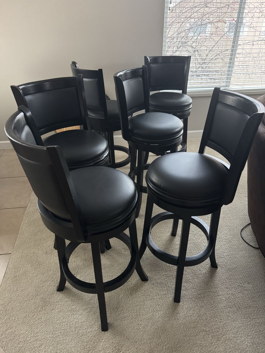 Set of 6 29" Black Swivel Bar Stools - Upholstered Back and Seat