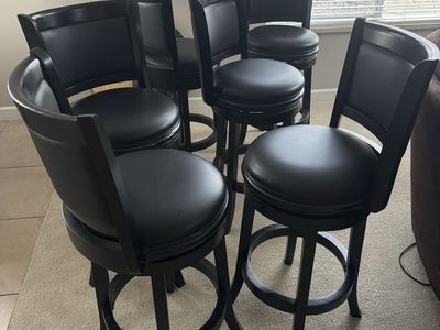 Set of 6 29" Black Swivel Bar Stools - Upholstered Back and Seat