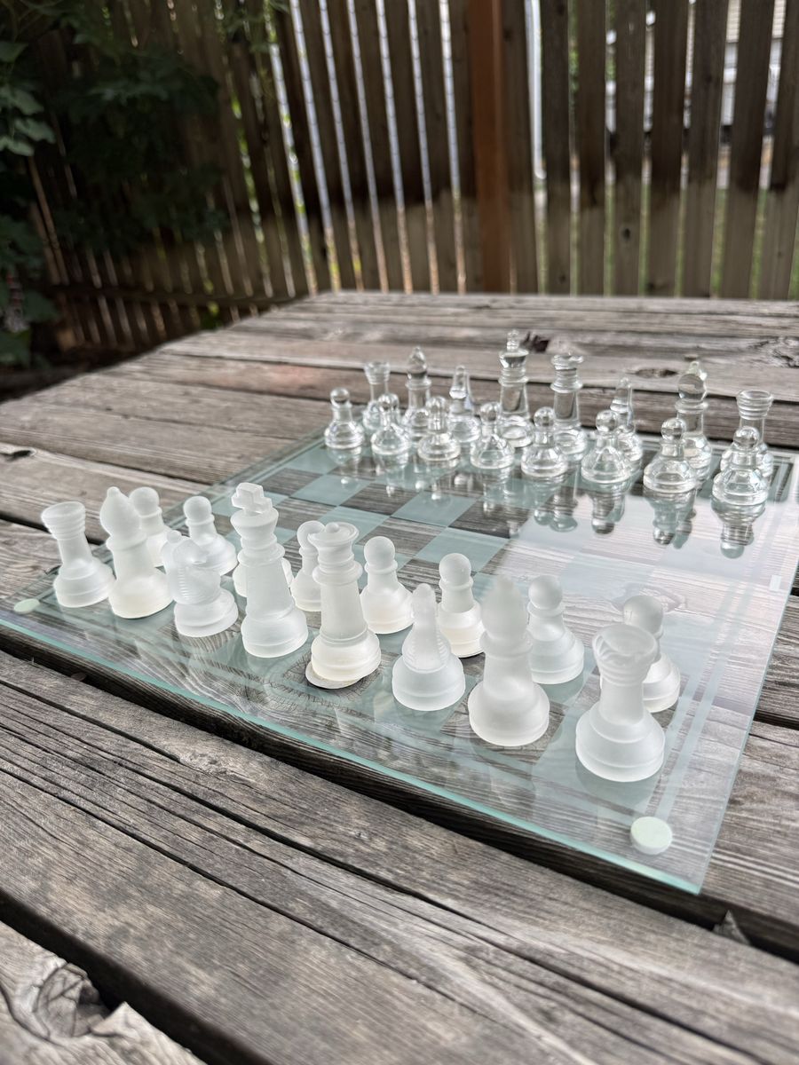 Glass Chess Set with Clear & Frosted Pieces and Glass Board