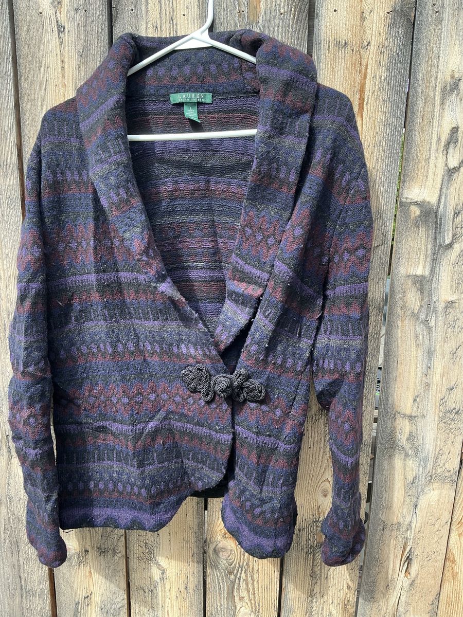 Lauren Ralph Lauren Fair Isle Southwestern Wrap Cardigan Sweater Purple L