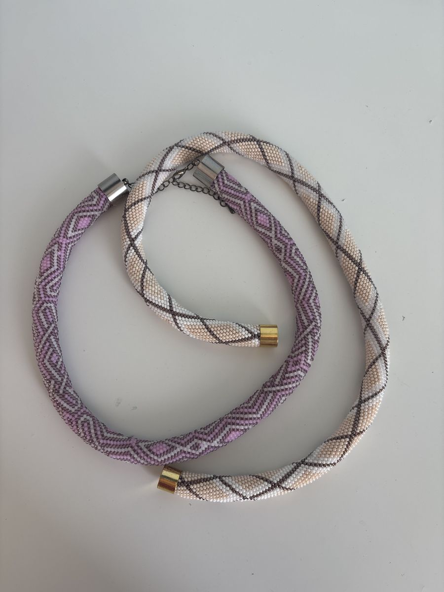 Handcrafted Beaded Choker Necklaces - White/Beige & Purple/White Geometric Patterns, Gold/Silver Clasps
