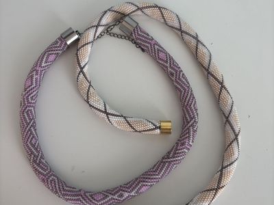 Handcrafted Beaded Choker Necklaces - White/Beige & Purple/White Geometric Patterns, Gold/Silver Clasps