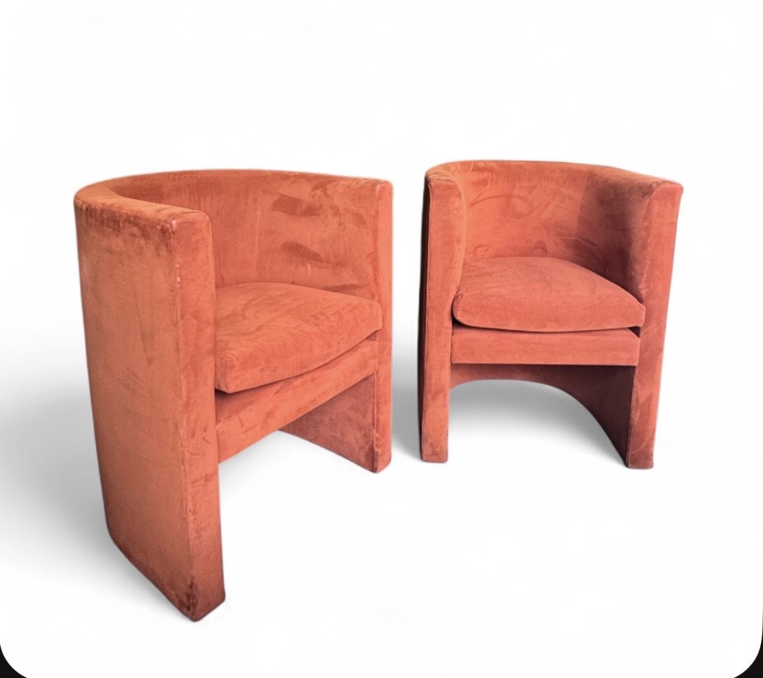Pair of Modern Terracotta Velvet Barrel Accent Chairs Italian Polish Design