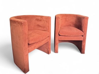 Pair of Modern Terracotta Velvet Barrel Accent Chairs Italian Polish Design