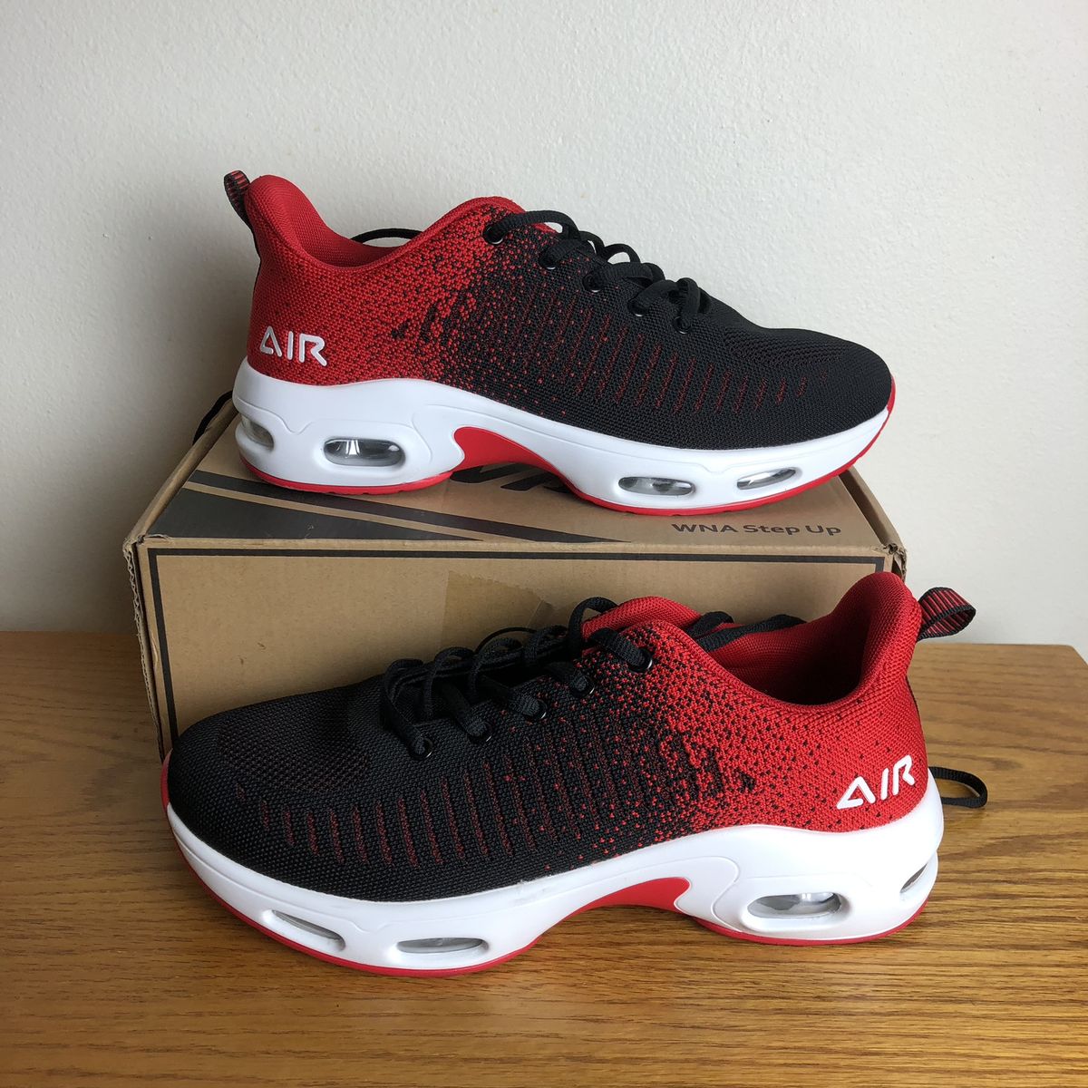 WNA Step Up Air Cushion Knit Mesh Lace-Up Athletic Shoes - Black & Red, US W11/M9.5