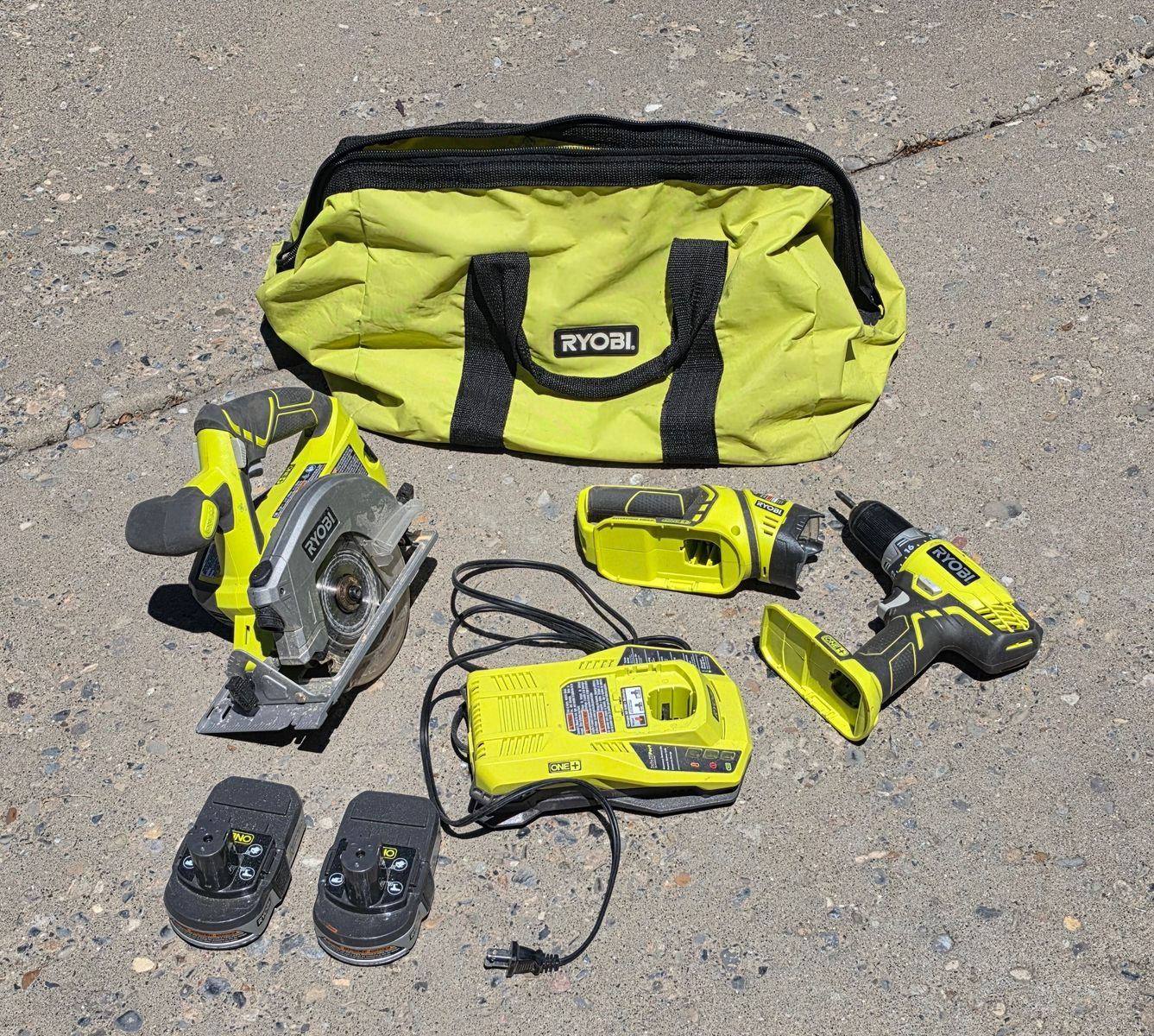 Ryobi 18V ONE+ Kit — Drill, Circular Saw, Work Light, Charger, Bag