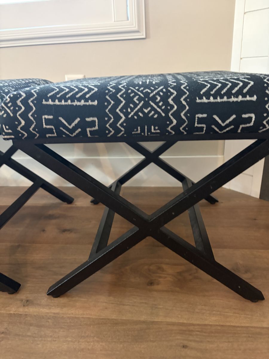 Set of 3 Upholstered X-Base Stools with Black and White Tribal Geometric Pattern