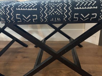 Set of 3 Upholstered X-Base Stools with Black and White Tribal Geometric Pattern