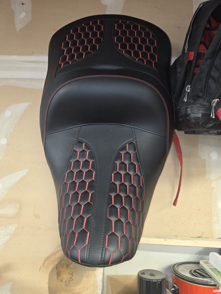 Custom Black Vinyl Motorcycle Seat with Red Honeycomb Stitching