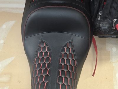 Custom Black Vinyl Motorcycle Seat with Red Honeycomb Stitching