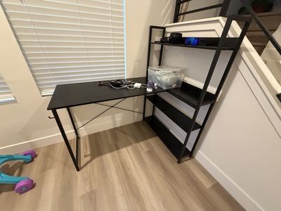 Modern Black Desk with Integrated 4-Tier Shelf - Compact Home Office/Study Workstation