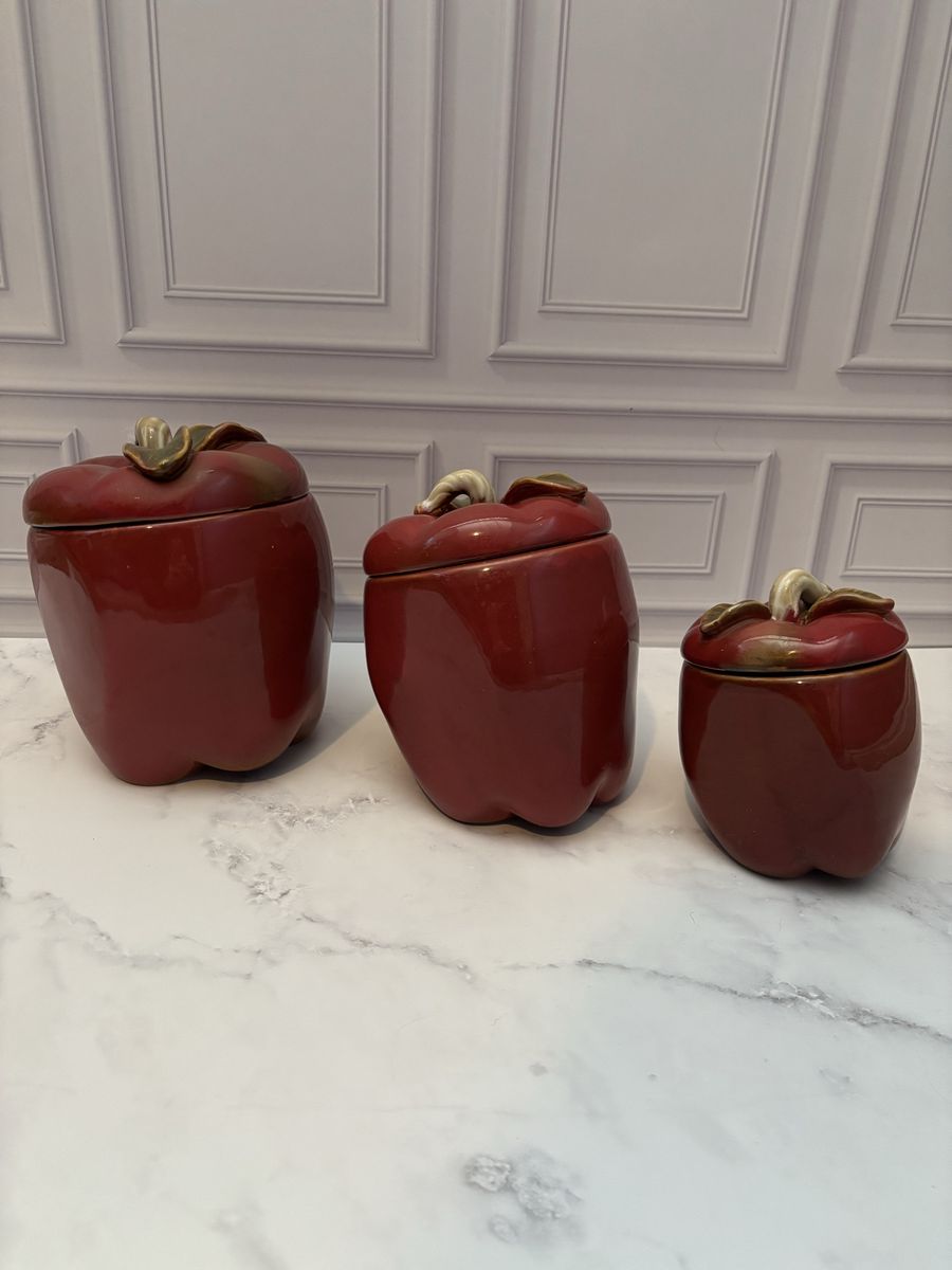 Set of 3 Ceramic Red Apple Canisters Kitchen Decor