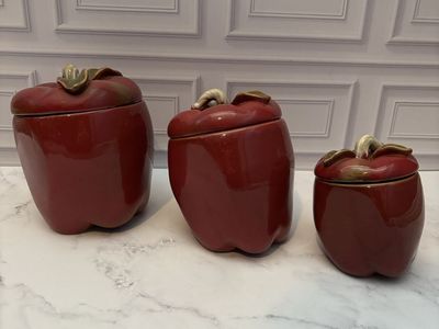 Set of 3 Ceramic Red Apple Canisters Kitchen Decor