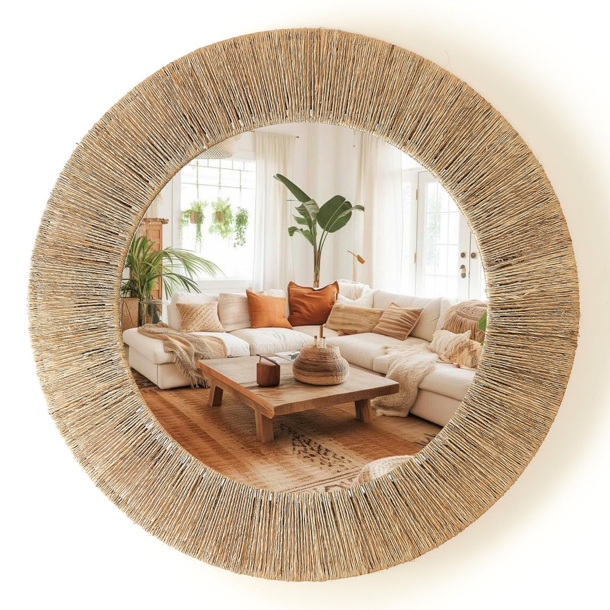 Boho Round Wall Mirror with Natural Jute Rope Frame - 24" Decorative Accent Mirror for Living Room/Bedroom