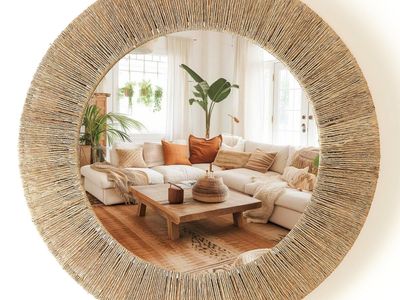 Boho Round Wall Mirror with Natural Jute Rope Frame - 24" Decorative Accent Mirror for Living Room/Bedroom