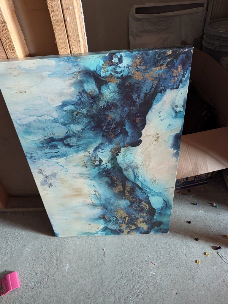 Abstract Ocean Blue & Gold Acrylic Pour Canvas Art - Medium Wall Decor