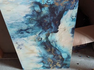Abstract Ocean Blue & Gold Acrylic Pour Canvas Art - Medium Wall Decor
