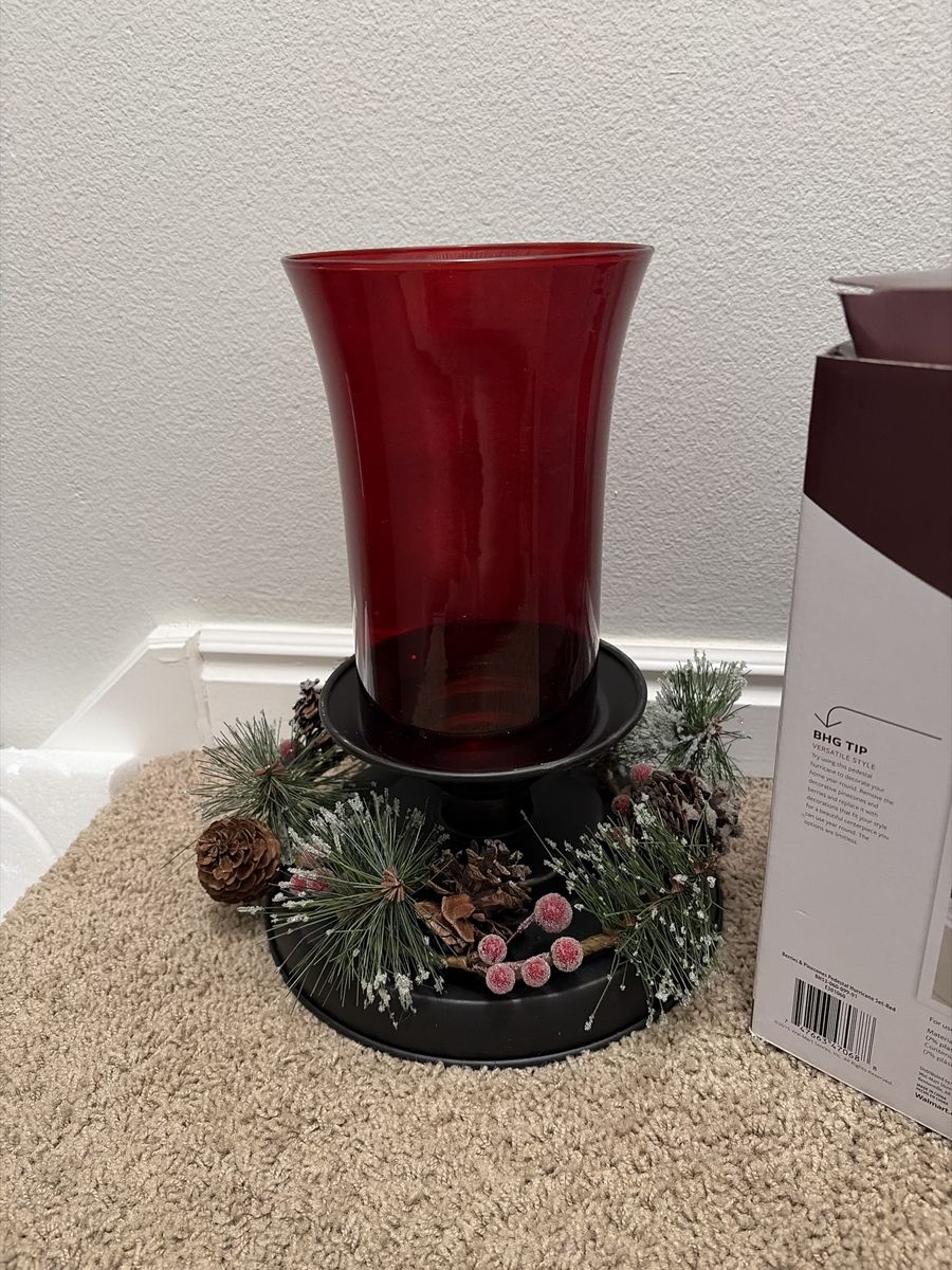 New Better Homes & Gardens Berries & Pinecones Pedestal Hurricane Set - Red Glass