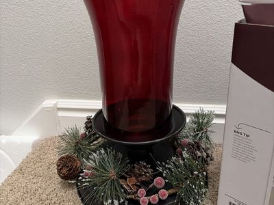 New Better Homes & Gardens Berries & Pinecones Pedestal Hurricane Set - Red Glass