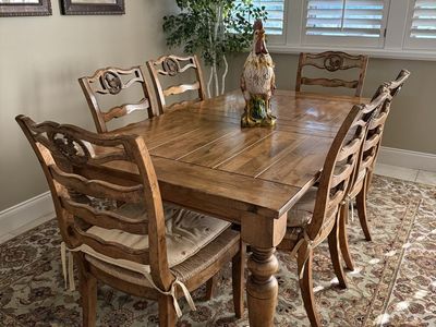 Vintage Solid Oak Dining Table with 8 Chairs and 24 inch Extension Leaf - Rustic Farmhouse Style