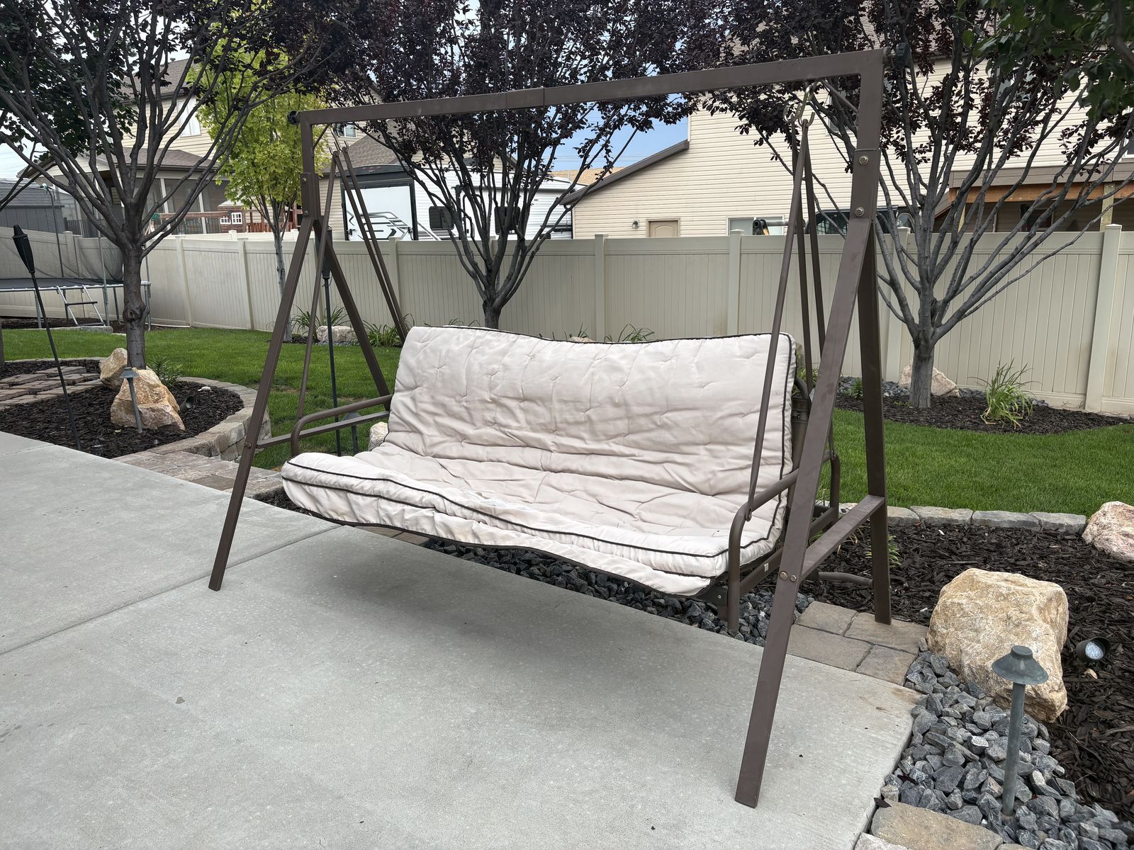 Outdoor Patio Swing with Tan Cushions - Used