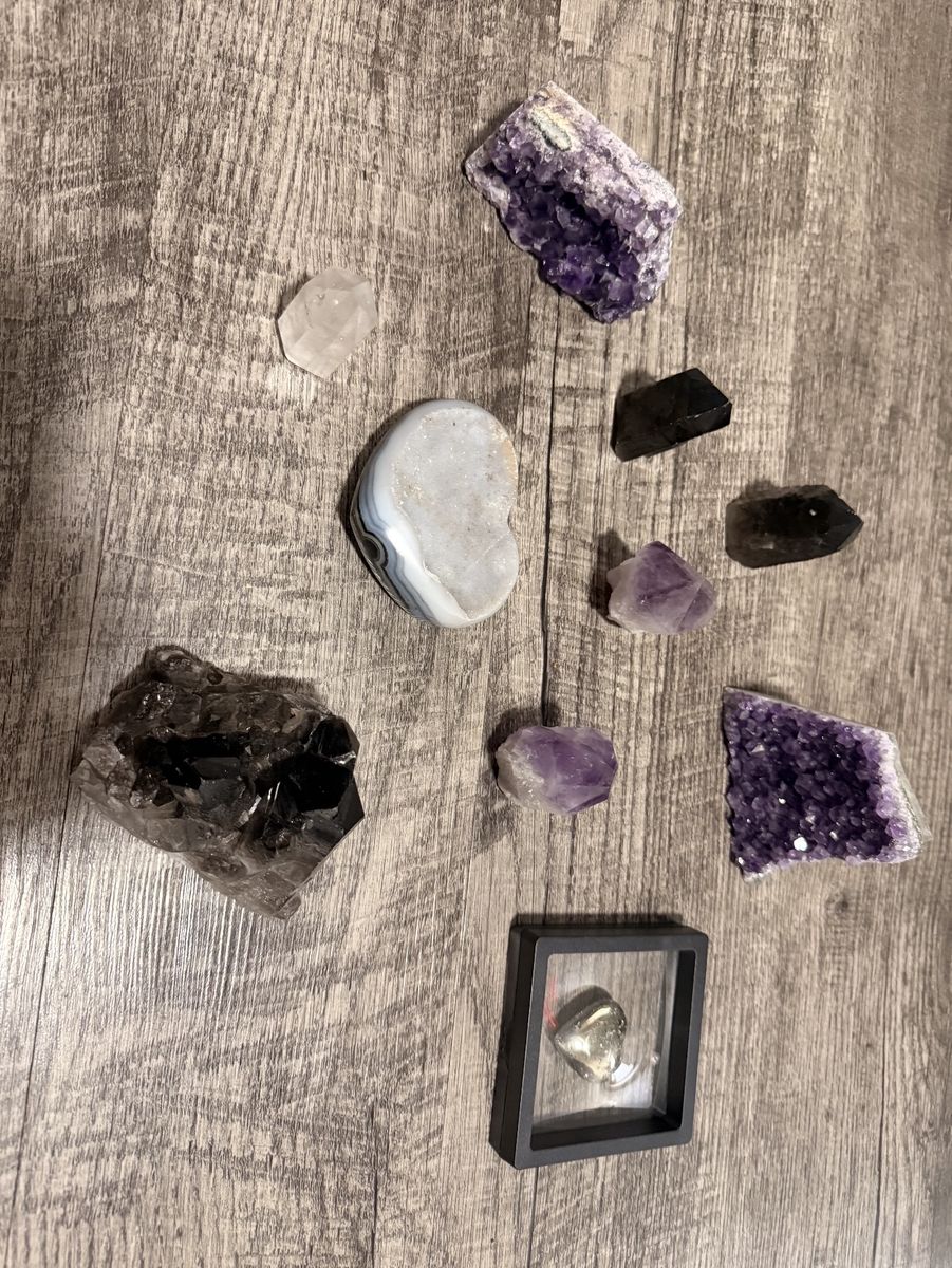 Crystal Collection Lot featuring Amethyst Clusters, Smoky Quartz, and Agate Heart