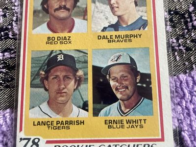 1978 Topps Rookie Catchers Baseball Card: Bo Diaz, Dale Murphy, Lance Parrish, Ernie Whitt