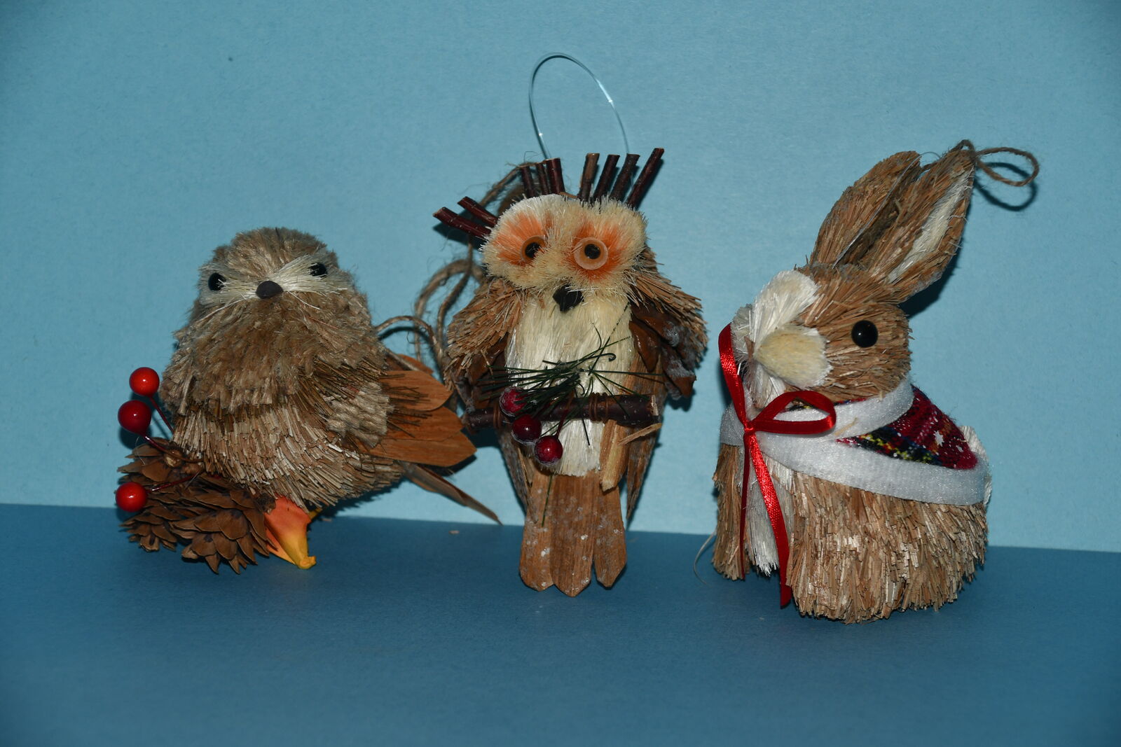 3 STRAW CHRISTMAS ORNAMENTS ~ BIRD, OWL & RABBIT ~ HEIGHT 4"