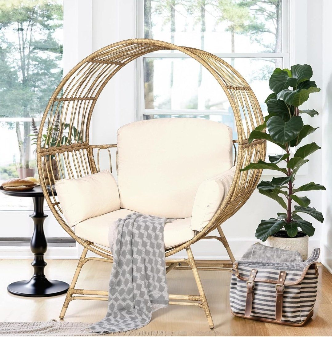 Wicker Round Egg Chair - Beige Rattan Indoor/Outdoor Accent Seating