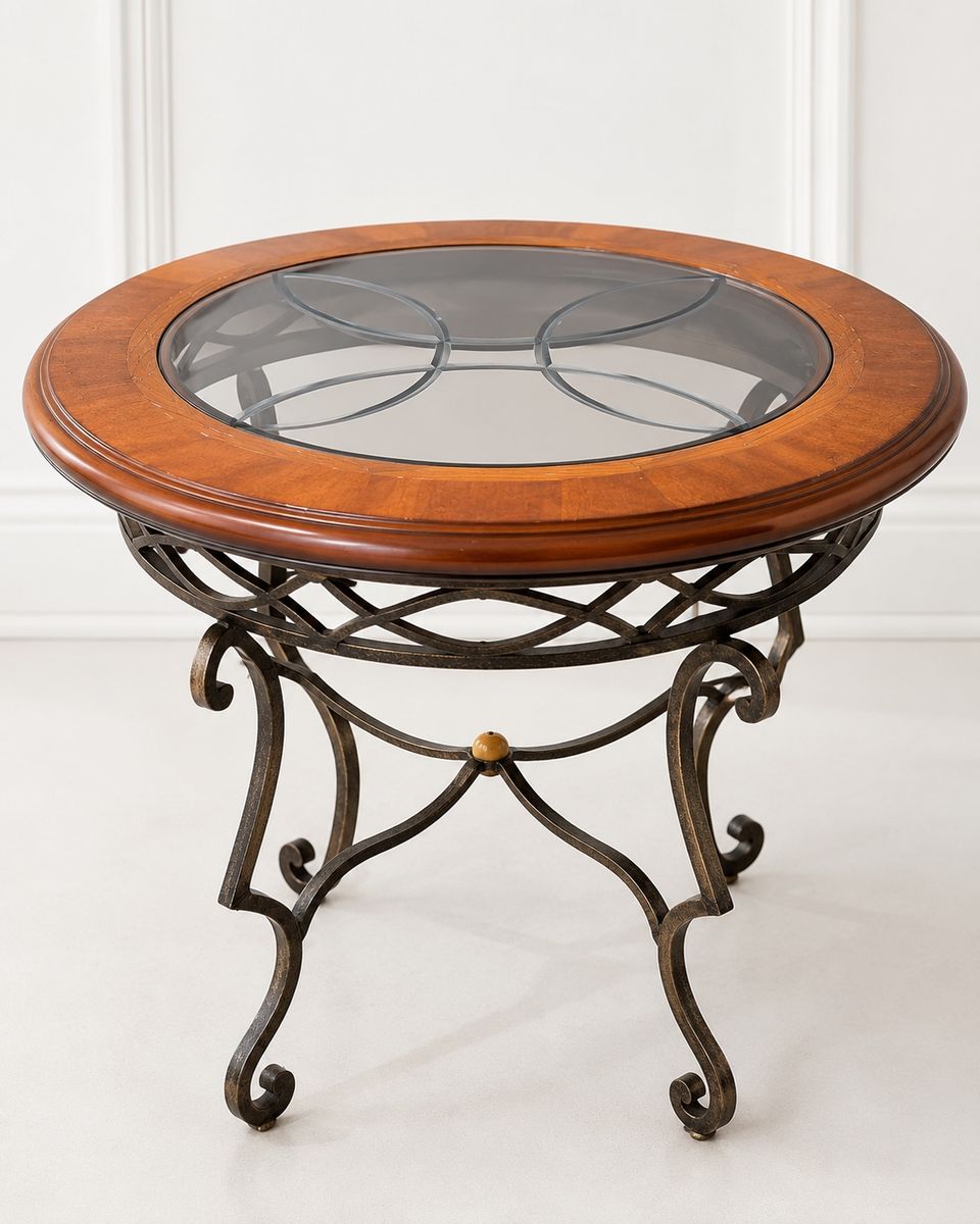 Round Wood & Wrought Iron Glass Top Coffee Table - 28.5" Diameter