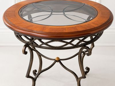 Round Wood & Wrought Iron Glass Top Coffee Table - 28.5" Diameter