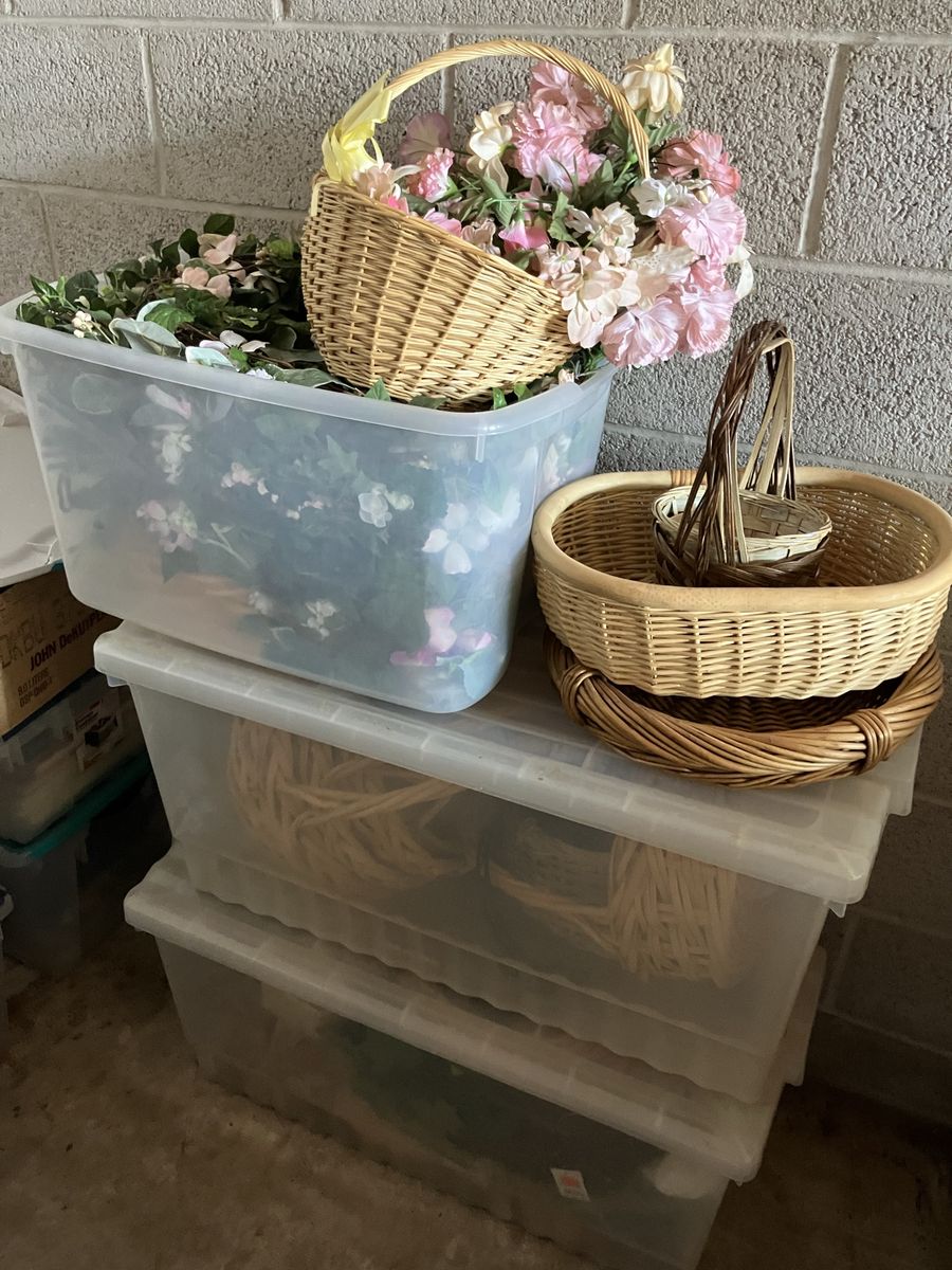 3 Large Boxes Of Wicker Baskets And Floral Decorations