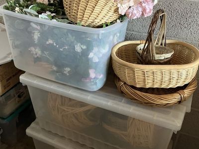 3 Large Boxes Of Wicker Baskets And Floral Decorations