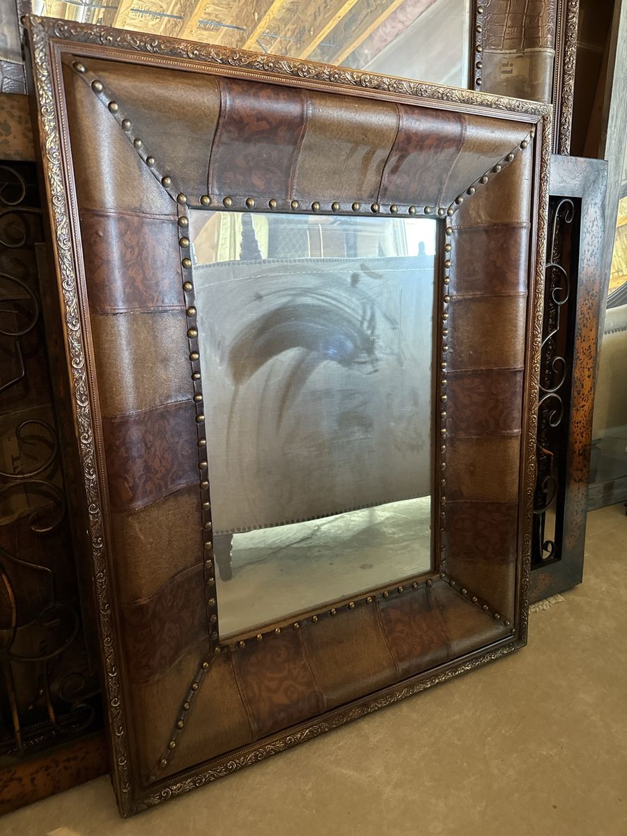 Medium 32x40” Rectangle Brown Leather-Look Upholstered Mirror with Studded Detail and Ornate Frame