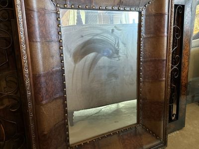 Medium 32x40” Rectangle Brown Leather-Look Upholstered Mirror with Studded Detail and Ornate Frame