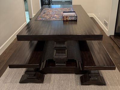 Pottery Barn Banks Extendable Dining Table & 2 Benches - 40"x76"-112" - Alfresco Brown