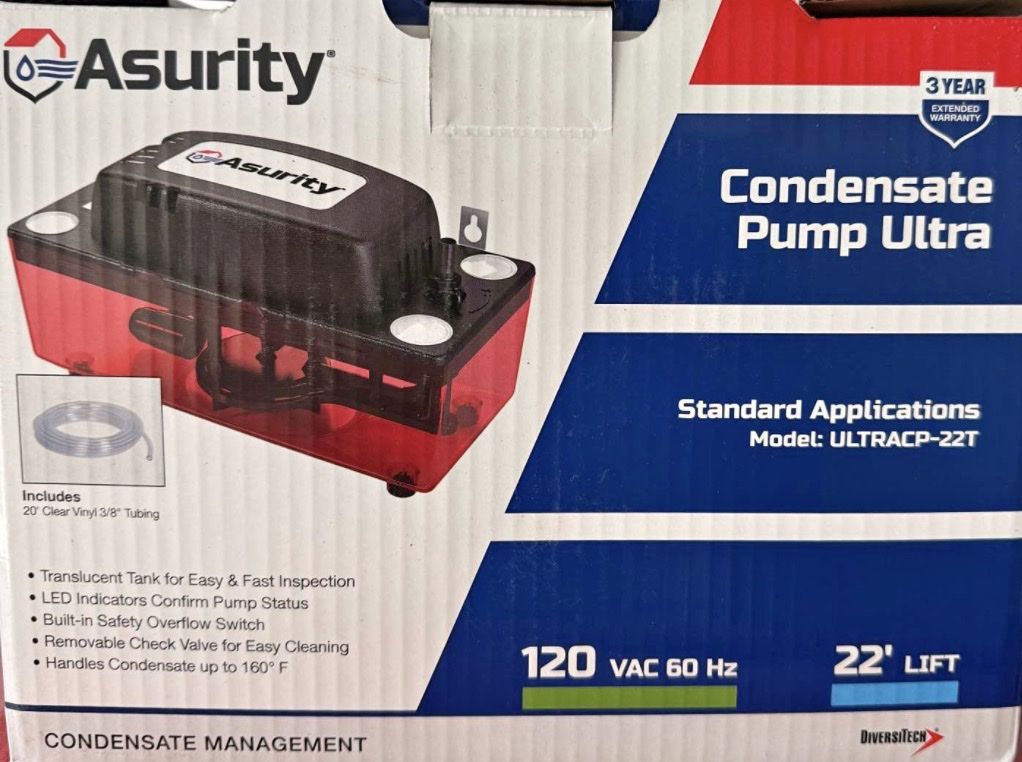 Asurity Condensate Pump Ultra Model ULTRACP-22T 120 VAC 22 Foot Lift