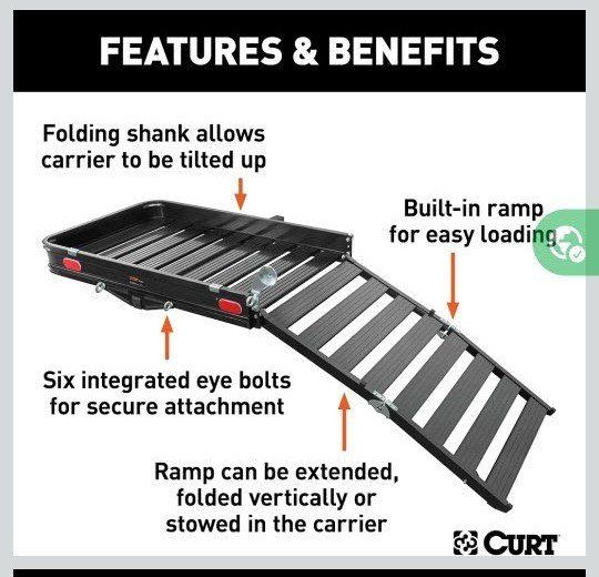 CURT 18112 - Aluminum Hitch Cargo Carrier With Ramp for 2" Receivers - 50" x 30", 500lb Capacity - FREE DELIVERY up to 50mi