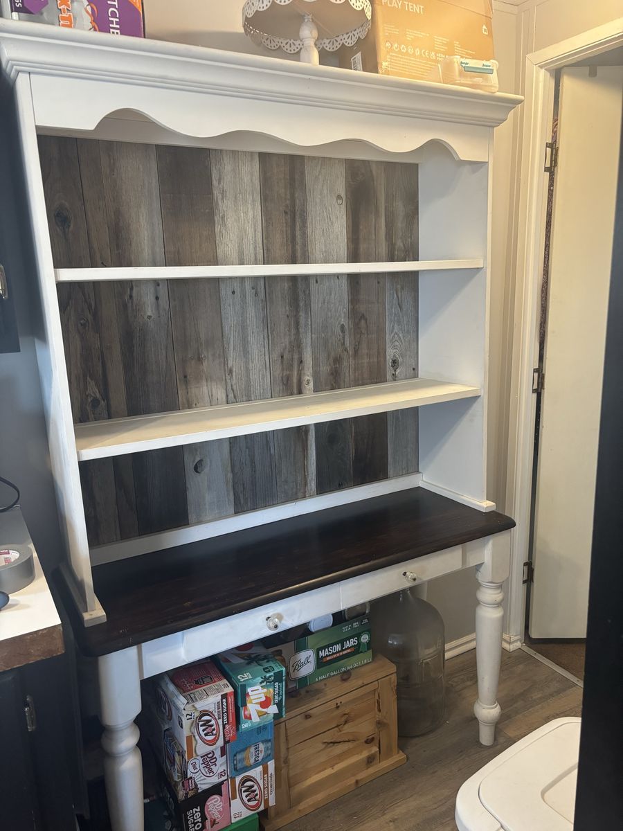 Rustic Farmhouse Wooden Kitchen Hutch with Shelves & Dark Wood Top